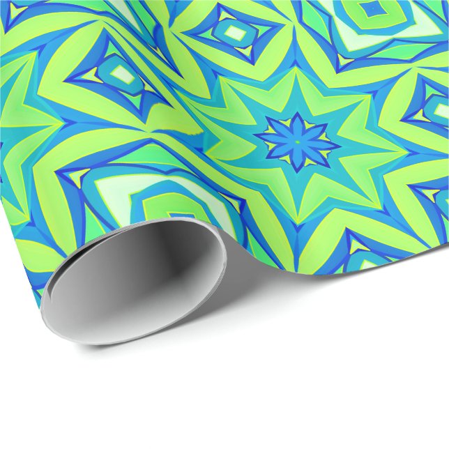 Papel De Presente Geométrico abstrato Star - Verde limão e Azul (Ponta do rolo)
