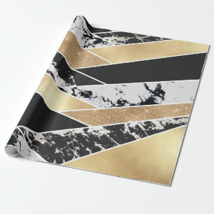 Papel De Presente Geométrico Dourado do Mármaco Branco Negro Moderno