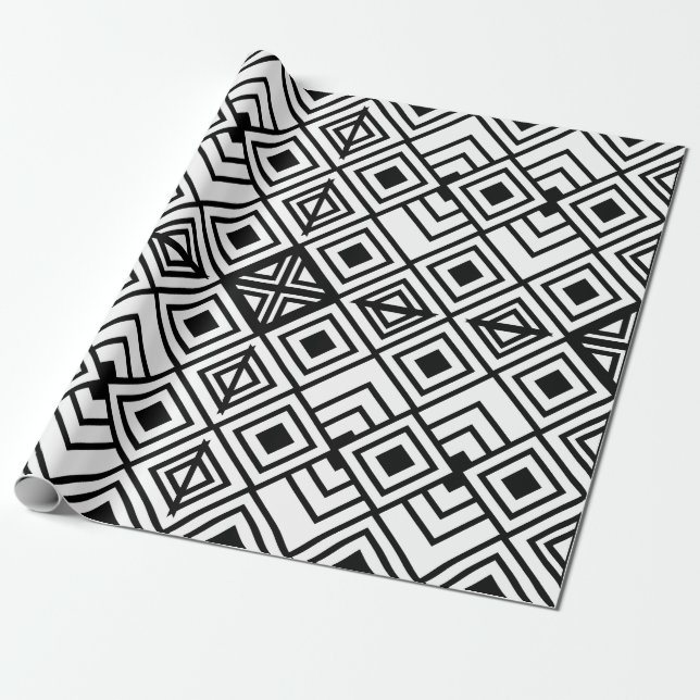 Papel De Presente Geométrico Preto e Branco Diamante Geométrico (Desenrolado)