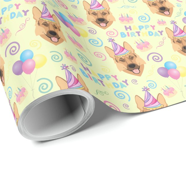 Papel De Presente German Shepherd Birthday Gift Wrapping Paper  (Ponta do rolo)