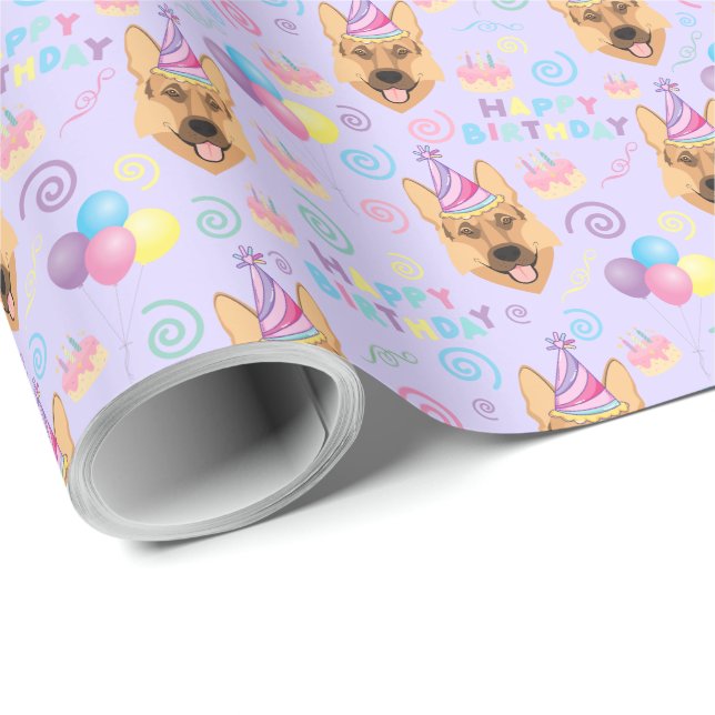 Papel De Presente German Shepherd Birthday Gift Wrapping Paper  (Ponta do rolo)