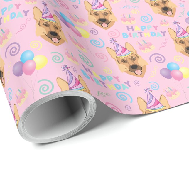 Papel De Presente German Shepherd Birthday Gift Wrapping Paper  (Ponta do rolo)