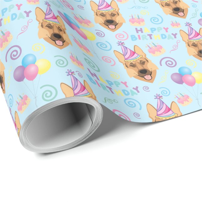 Papel De Presente German Shepherd Birthday Gift Wrapping Paper  (Ponta do rolo)