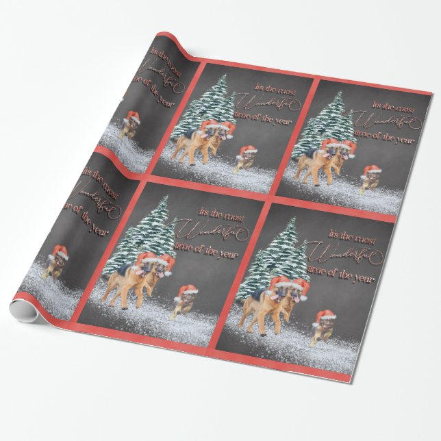 Papel De Presente German shepherd de Natal divertidos com Papai Noel (Desenrolado)