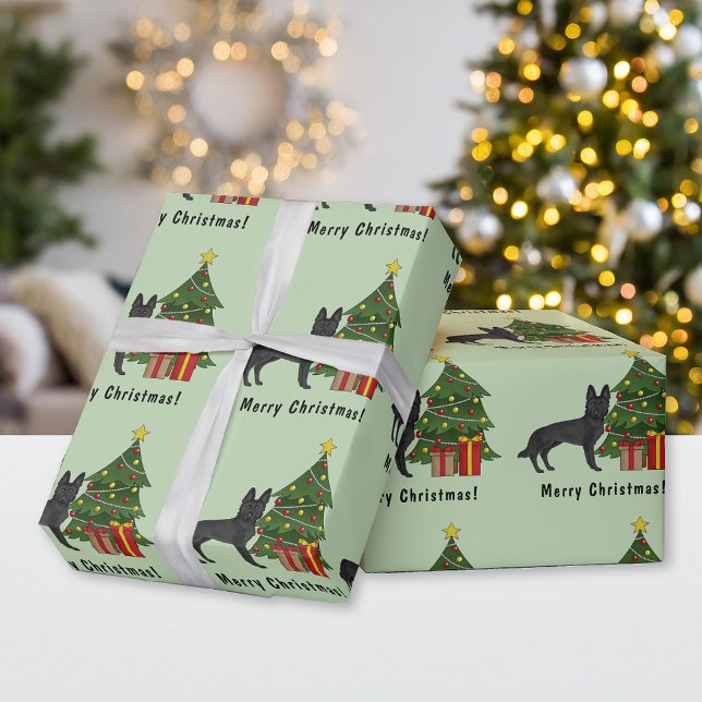 Papel De Presente German shepherd Preto E Árvore De Natal Festiva (Criador carregado)