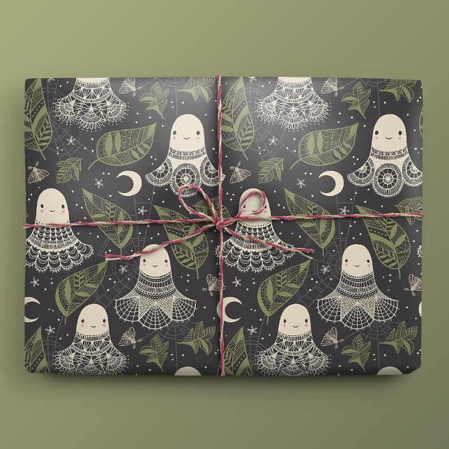Papel De Presente Ghost Lace do Bonito Halloween - Verde (Gift Mockup)