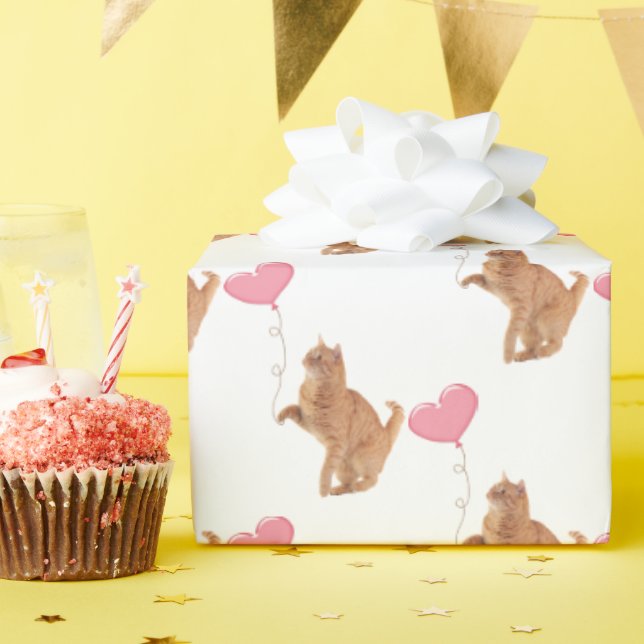 Papel De Presente Ginger Cat com Balão Rosa (Festa de aniversário)