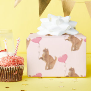 Papel De Presente Ginger Cat com Balão Rosa