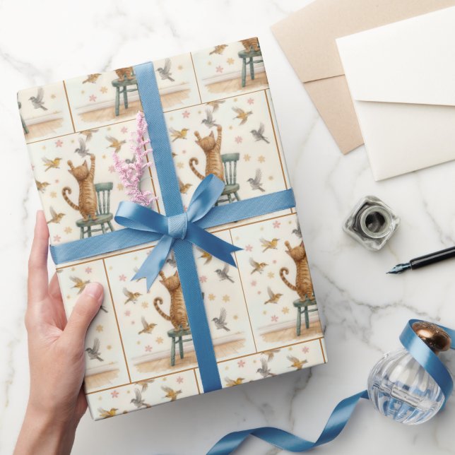 Papel De Presente Ginger Cat Pegando um Pássaro no Wallpaper (Presentear)