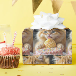 Papel De Presente Ginger Kitten com Bolo de Aniversário