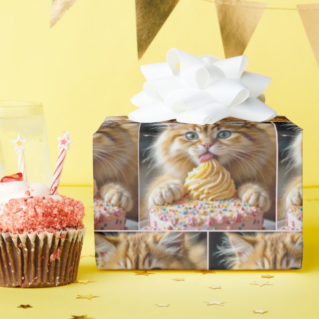 Papel De Presente Ginger Kitten com Bolo de Aniversário (Festa de aniversário)