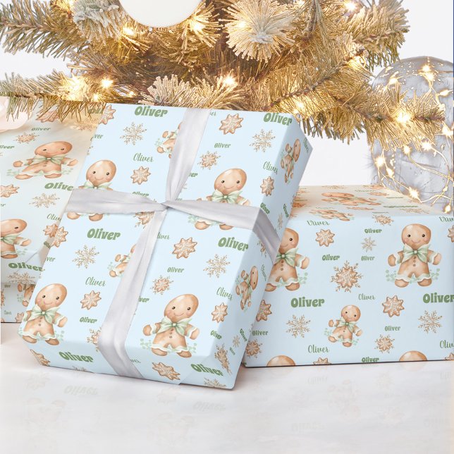 Papel De Presente Gingerbird Man Boy name Blue Green Christmas (Gingerbread Man Boy Name Blue Green Christmas Wrapping Paper)
