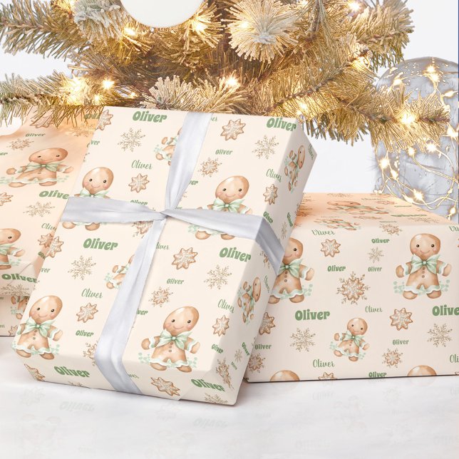 Papel De Presente Gingerbird Man Boy name Green Beige Christmas (Gingerbread Man Boy Name Green Beige Christmas Wrapping Paper)