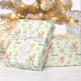 Papel De Presente Gingerbird Man Boy name Green Christmas