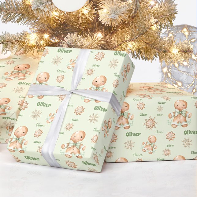 Papel De Presente Gingerbird Man Boy name Green Christmas (Gingerbread Man Boy Name Green Christmas Wrapping Paper)