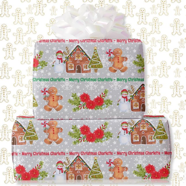 Papel De Presente Gingerbird Man Snowman Add Name Christmas (Criador carregado)