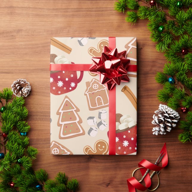 Papel De Presente Gingerbread Cookies & Hot Chocolate Wrapping Paper (Presente de Natal)