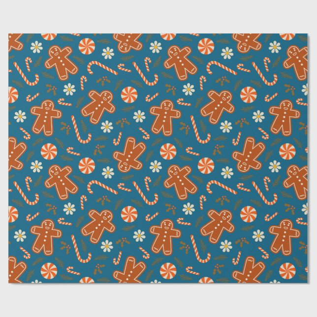 Papel De Presente Gingerbread man and candy cane pattern (Aberto)