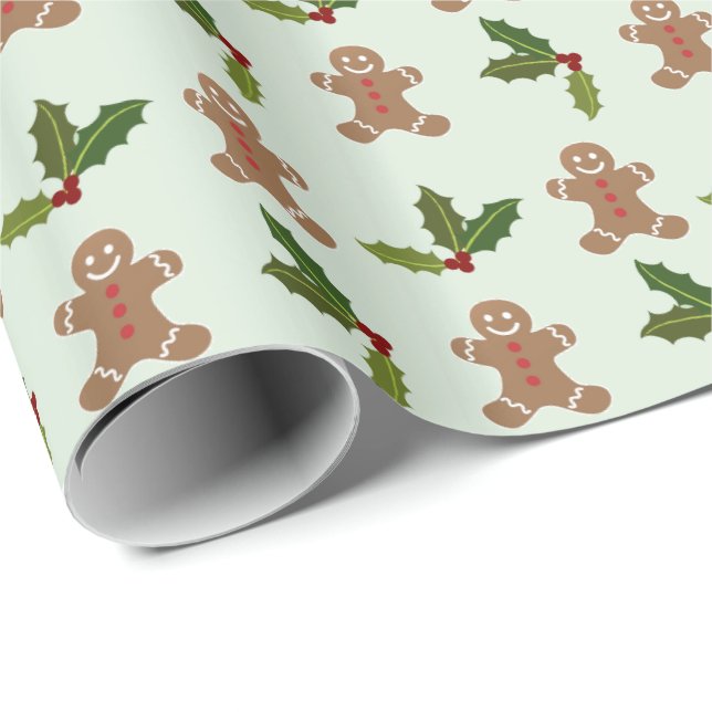 Papel De Presente Gingerbread Men and Holly Christmas Pattern (Ponta do rolo)