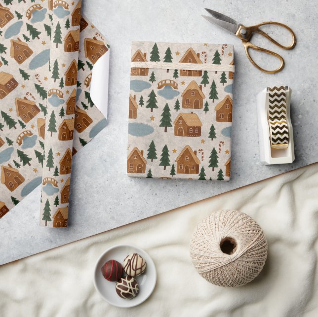 Papel De Presente Gingerbread Village Winter Pattern (Artesanato)