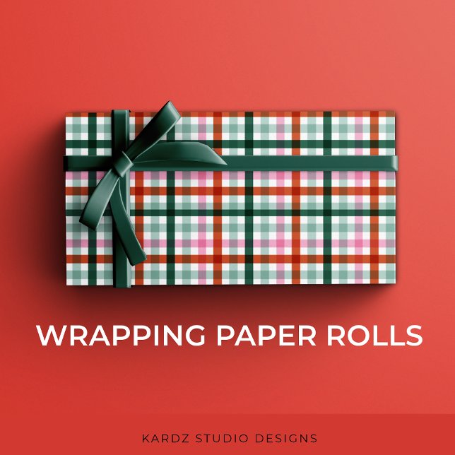 Papel De Presente Gingham de Natal Rosa Verde Vermelho (Modern Gingham Christmas gift-wrapping roll, with pink, red, and green a trendy holiday pattern.)