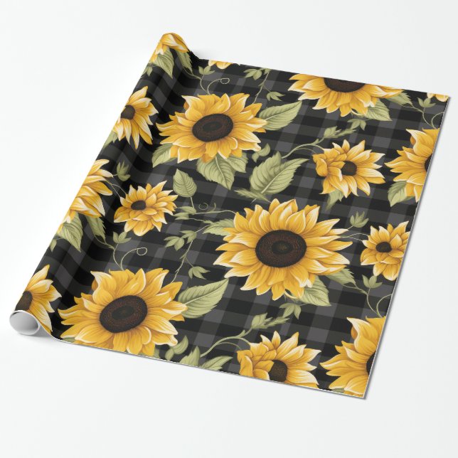 Papel De Presente Gingham Sunflower Pattern (Desenrolado)