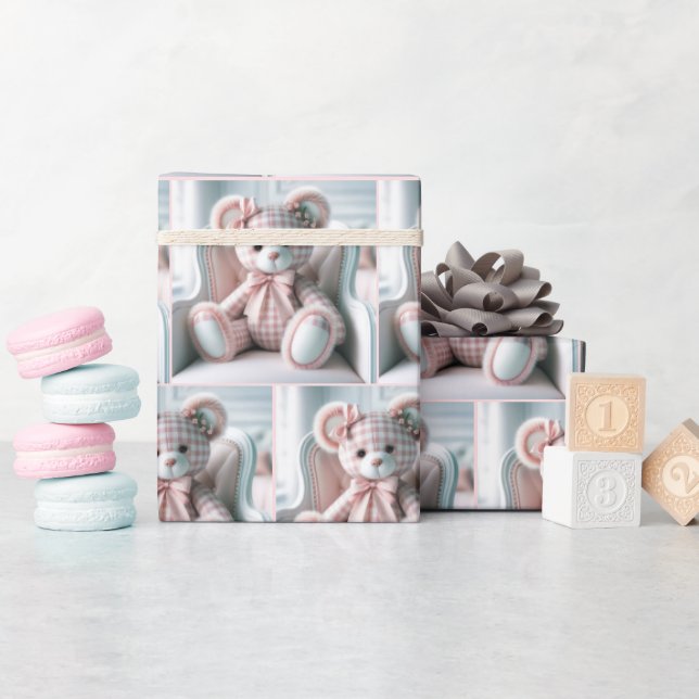 Papel De Presente Gingham Teddy Bear em uma cadeira (Chá de bebê)