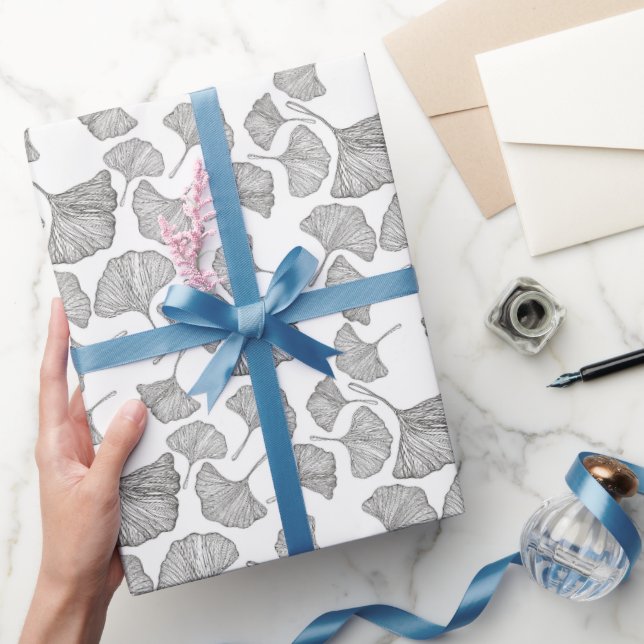 Papel De Presente Ginkgo deixa papel ondulado. Preto e Branco (Presentear)