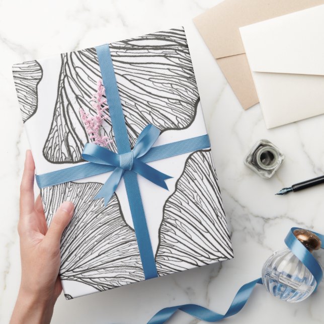 Papel De Presente Ginkgo deixa papel ondulado. Preto e Branco (Presentear)