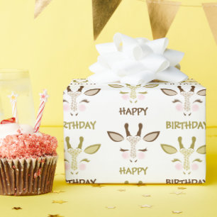 Papel De Presente Girafa castanha e Dourada encara o aniversário
