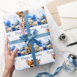 Papel De Presente Girafa de primeiro aniversário com laço de bolinha