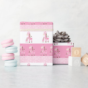 Papel De Presente Girafa Mamãe e Bebê em Rosa