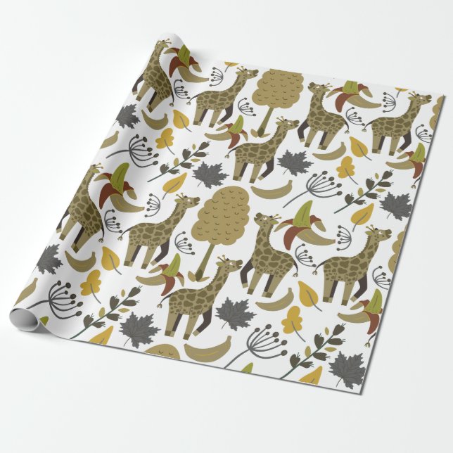Papel De Presente Girafa padrão sem costura branco alto (Desenrolado)