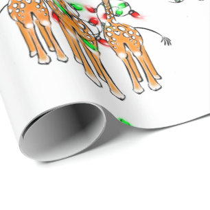 Papel De Presente Girafas de férias, luzes vermelhas cintilantes e