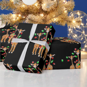 Papel De Presente Girafas de férias, luzes vermelhas cintilantes e v