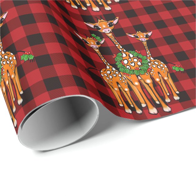 Papel De Presente Girafas de Natal, Holly Garland, Tartan de xadrez  (Ponta do rolo)