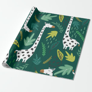Papel De Presente Girafas, folhas, pano de fundo puxado à mão. Col