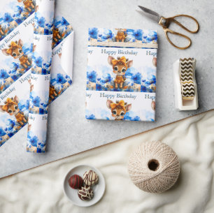 Papel De Presente Giraffe com laço de bolinhas Feliz Aniversário