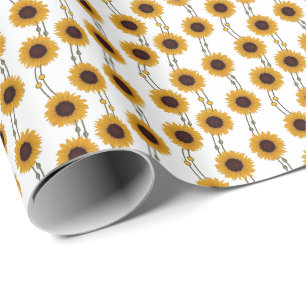 Papel De Presente Girassóis Amarelos em Listras Florais Retro Art No