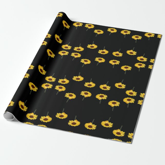Papel De Presente Girassóis amarelos em preto (Desenrolado)