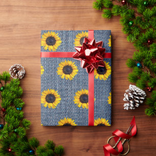 Papel De Presente Girassóis Blue Jean Denim