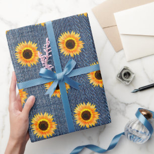 Papel De Presente Girassóis Blue Jean Denim