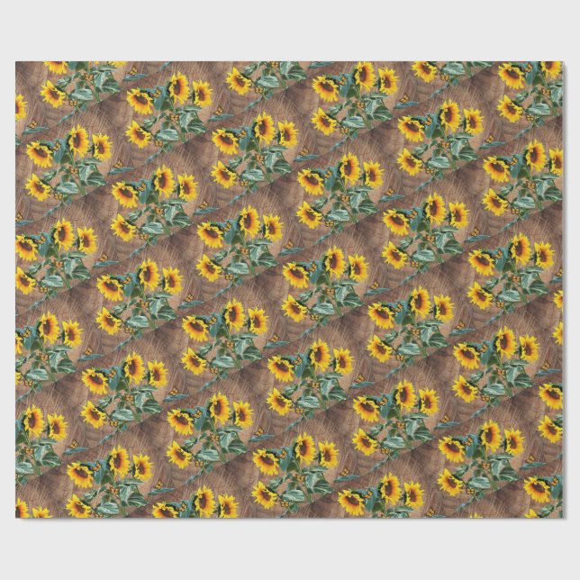 Papel De Presente Girassóis Borboletas Quadro de Madeira Rústico (Aberto)