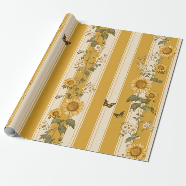 Papel De Presente Girassóis e borboletas em listras amarelas (2) (Desenrolado)