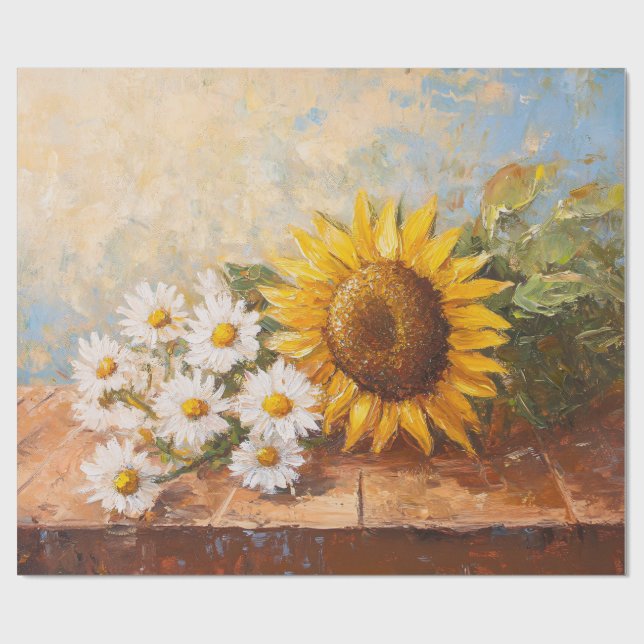Papel De Presente Girassóis e Margaridas em Decoupage de Mesa Rústic (Aberto)