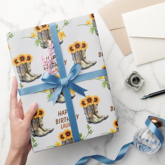 Papel De Presente Girassóis e vaqueiro partem de aniversário (Presentear)