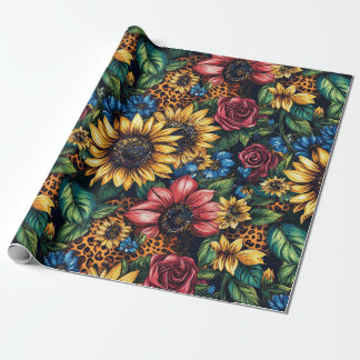 Papel De Presente Girassóis, Rosas e Leopardo vibrantes