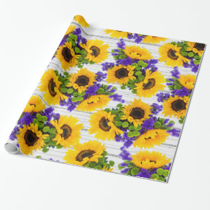 Papel De Presente Girassol amarelo roxo de madeira branco rústico d