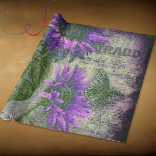 Papel De Presente Girassol Rústico Borboleta Ameixa Efêmero