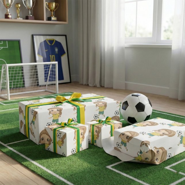 Papel De Presente Girl Playing Soccer Adorable Kids Sports (Criador carregado)